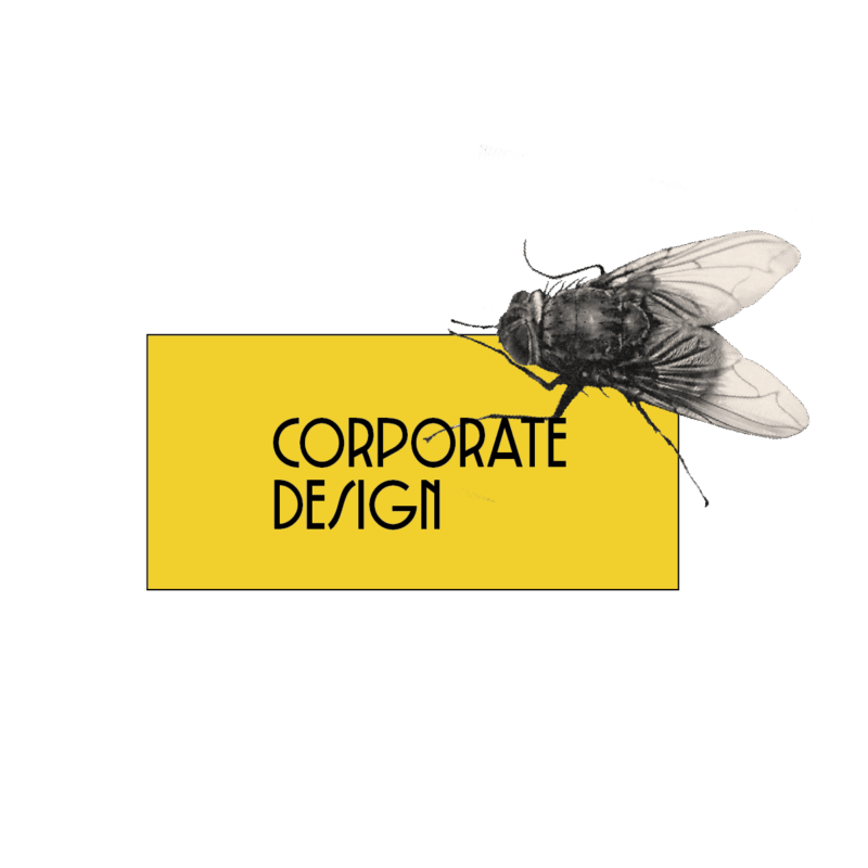Corporate Design Eine dicke schwarze Fliege sitzt auf der Ecke eines gelben Vierecks. Darin steht Corporate Design.
