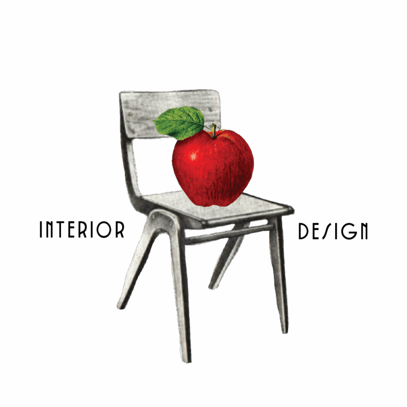 interior-design Stuhl mit rotem Apfel. Der Stuhl steht in der Mitte des Schriftzuges Interior Design.